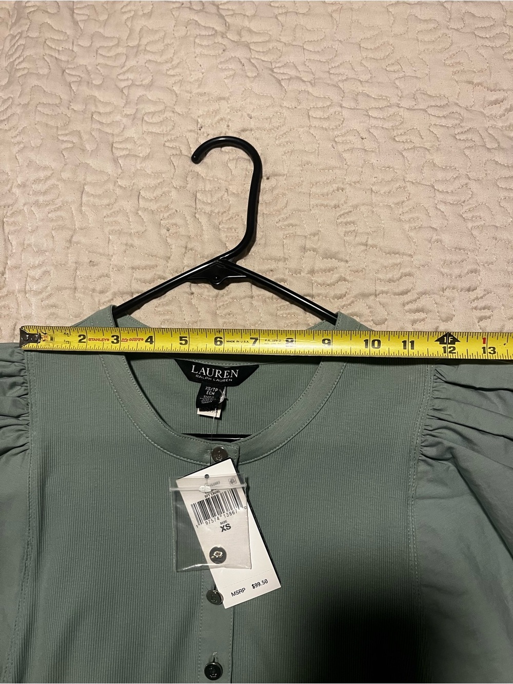 Ralph Lauren Sage Green Puff Sleeve Button-Front Top - Picture 8 of 12
